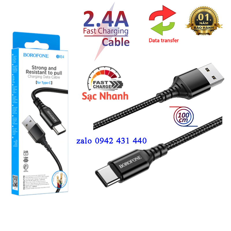 Cáp sạc dây dù Borofone BX54 Type C 2.4A  dài 1m