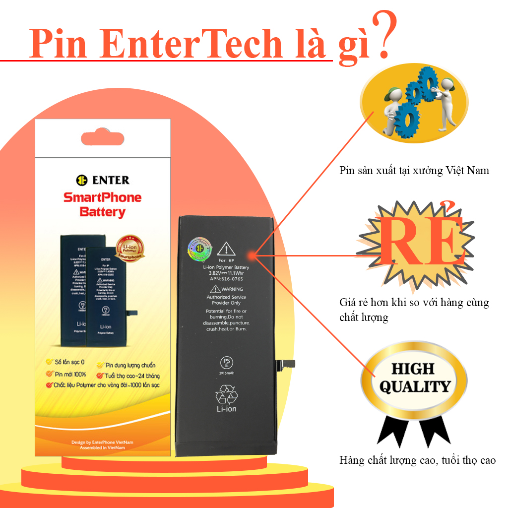 Pin dùng cho ĐT 6 Plus/ 6S Plus EnterTech dung lượng chuẩn bảo hành 12 tháng.