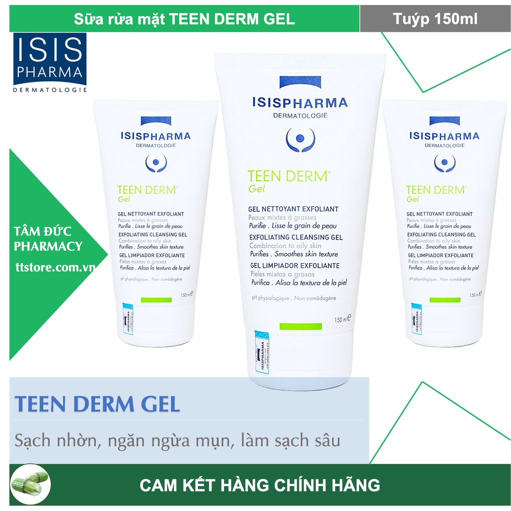 TEEN DERM GEL [Tuýp 150ml] - Gel rửa mặt có hạt giúp giảm nhờn, ngừa mụn ISIS Pharma [teenderm gel]