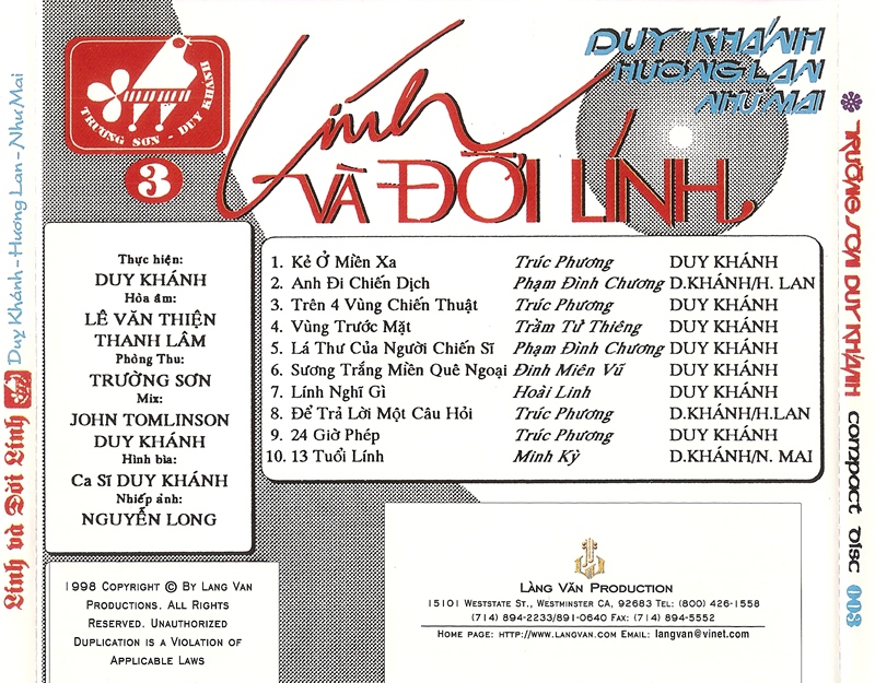 [MDX] ĐĨA CD DUY KHÁNH LÍNH VÀ ĐỜI LÍNH (TRƯỜNG SƠN DUY KHÁNH CD003)