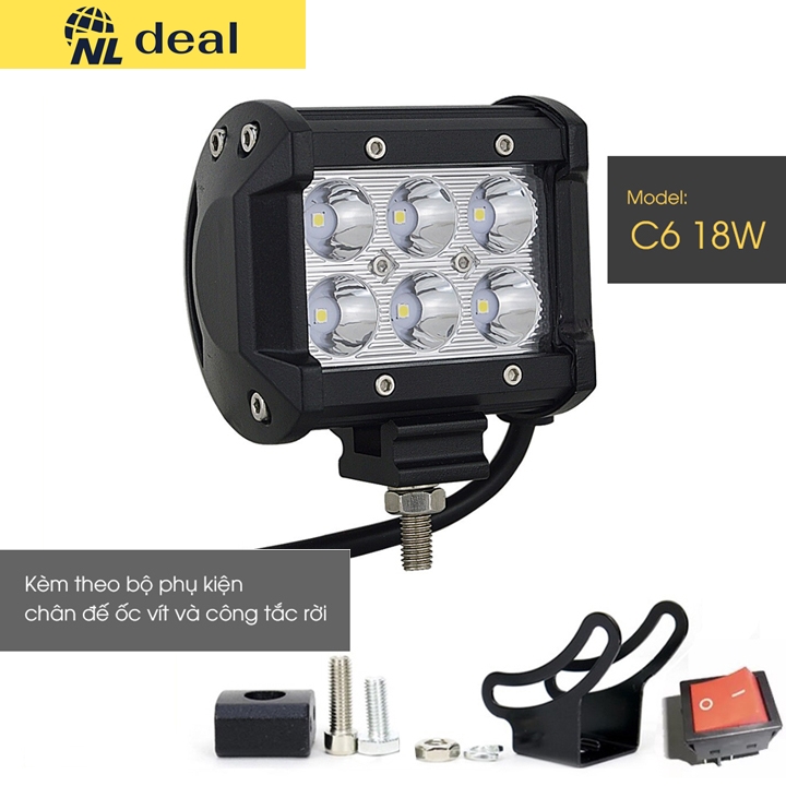 Nldeal đèn trợ sáng xe máy xe hơi ánh sáng trắng model c6 công suất 18w độ sáng 3500 lumen có tặng kèm công tắc rời và chân đế