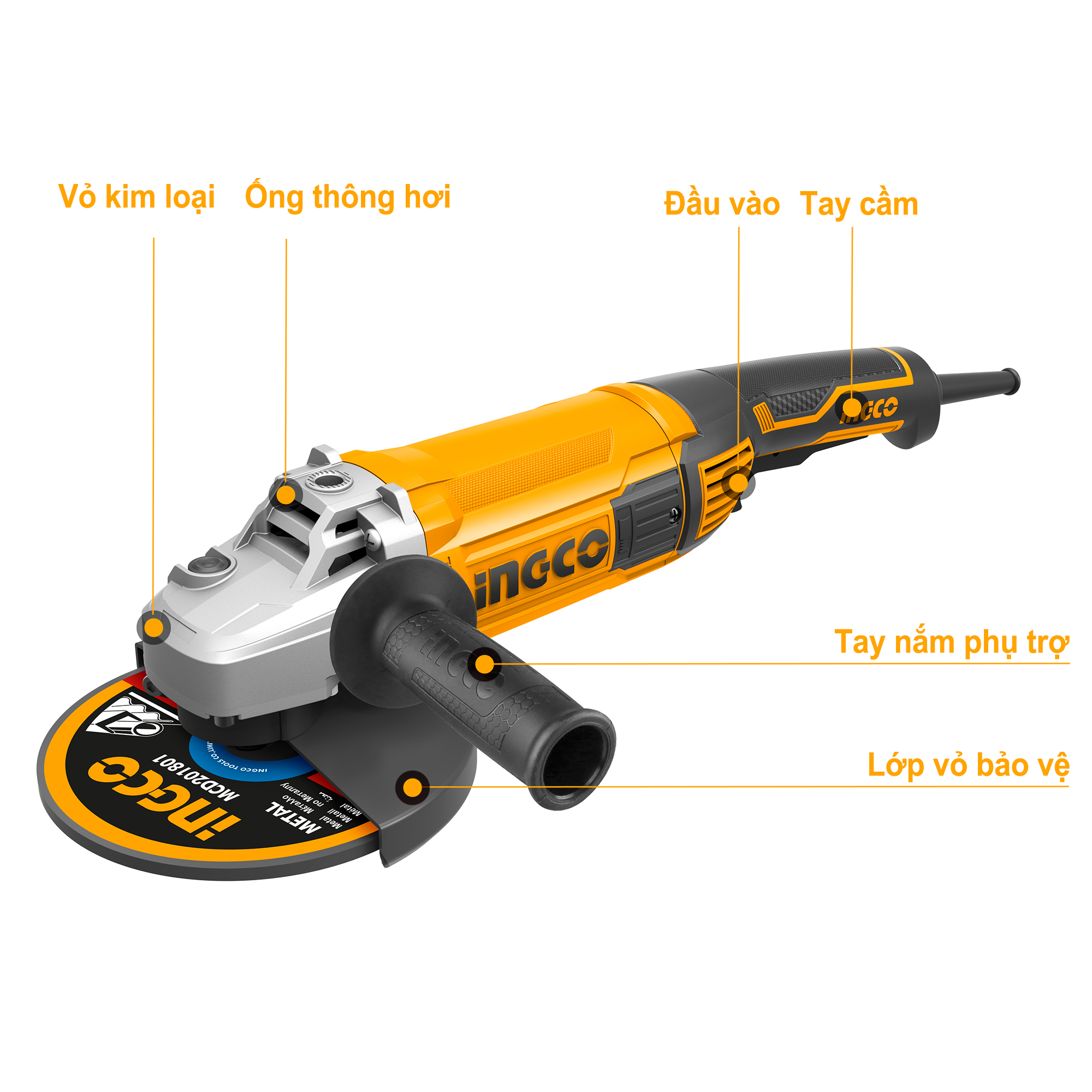 Máy mài góc 2000W INGCO AG200018 lưỡi cắt 180mm, trục M14