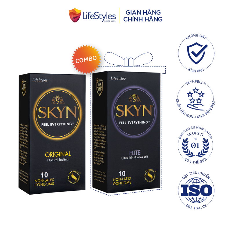 Combo 1 hộp bao cao su LifeStyles SKYN Original Non-latex 10 bao + 1 hộp bao cao su LifeStyles SKYN Elite Non-latex 10 bao