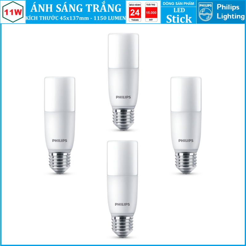( BỘ 4 ) BÓNG ĐÈN LED STICK PHILIPS 11W E27 ( DẠNG TRỤ NHỎ GỌN THAY THẾ CHO BÓNG COMPACT )