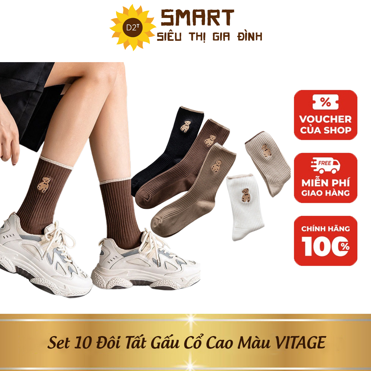 Set 10 đôi tất gấu cổ cao màu vitage