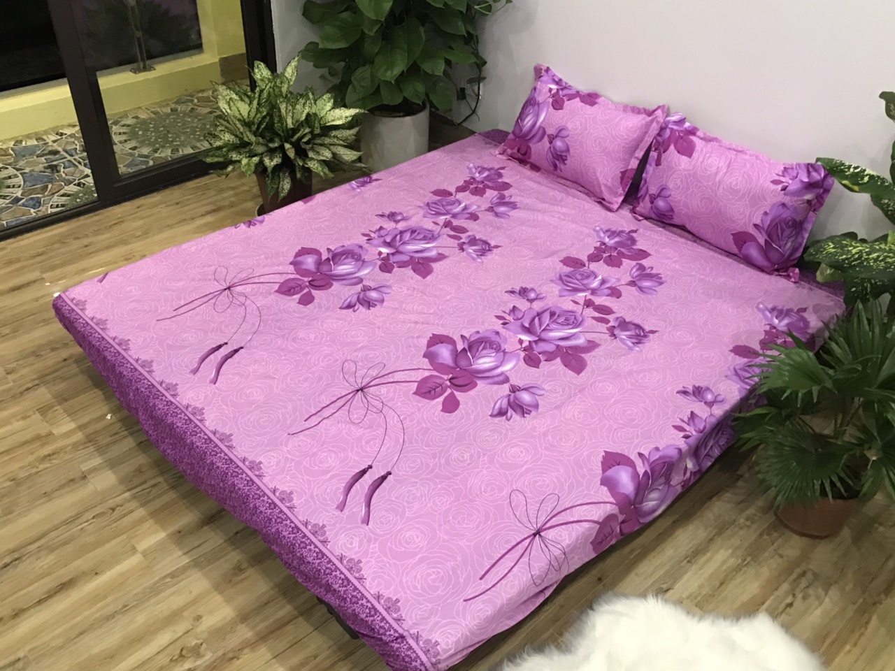 Set ga gối 3 món Mẫu Hoa Dây Tím (gồm 1 vỏ ga và 2 vỏ gối nằm)