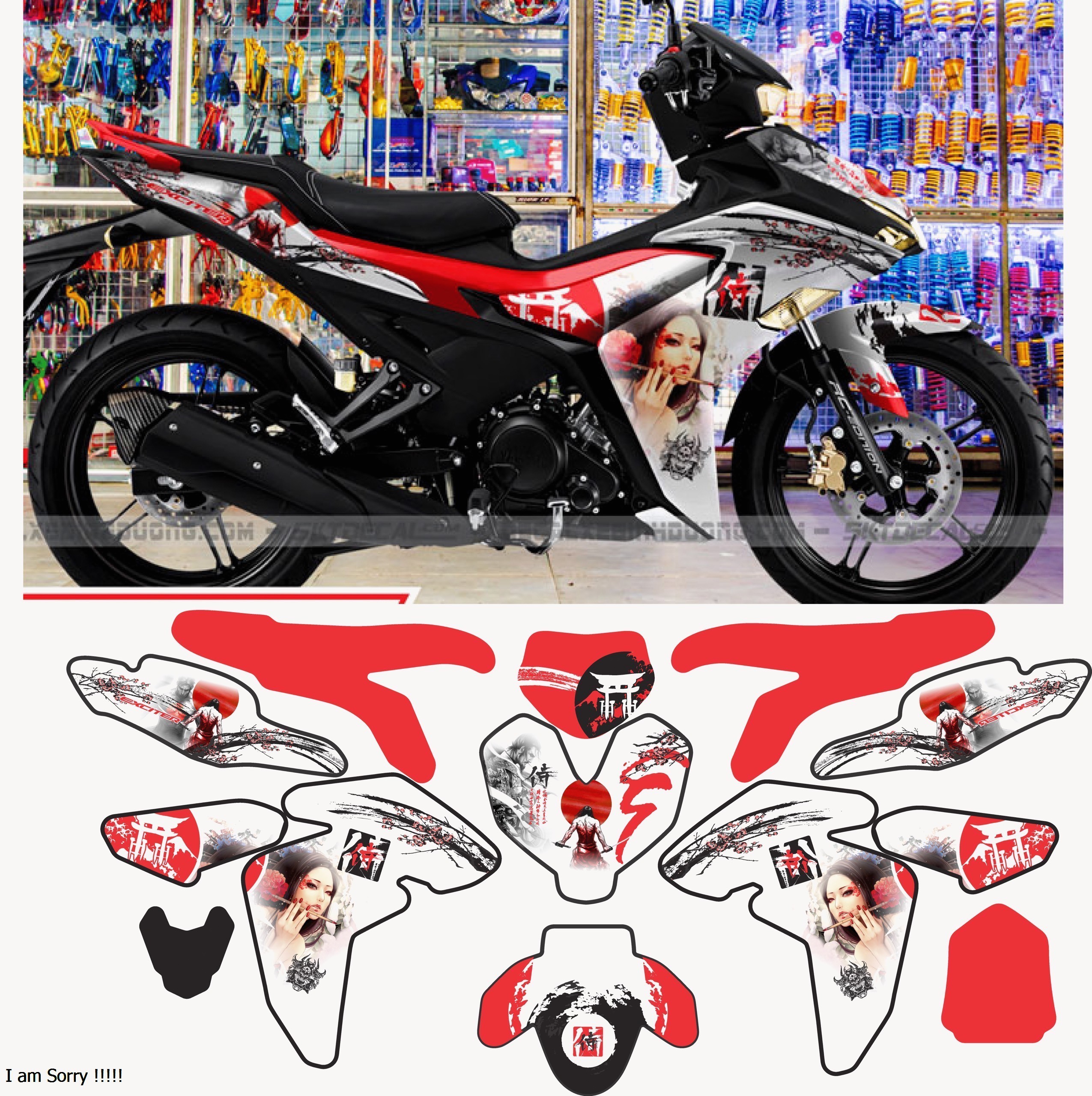 Tem trùm xe exciter 155 SAMURAI ĐỎ TRẮNG đẹp - Tem dán xe máy exciter 155 SAMURAI ĐỎ TRẮNG thiết kế theo yêu cầu - tem trùm exciter 155 độ chế đẹp và rẻ chất