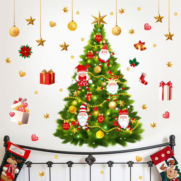 Decal dán tường trang trí Noel - Cây thông size lớn phối phụ kiện noel