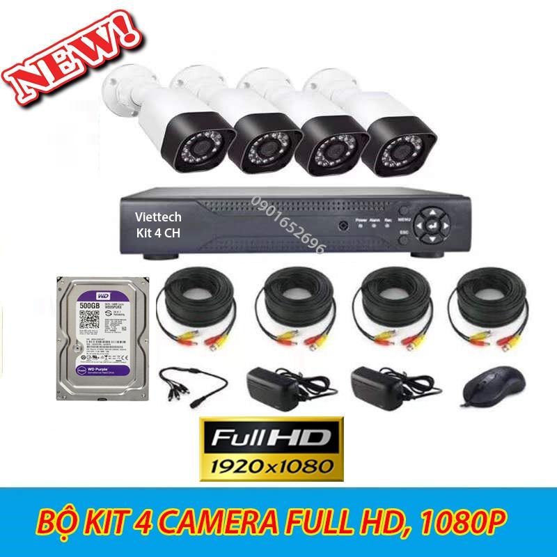 Trọn bộ hệ thống camera 4 mắt FUll HD, đầu ghi, ổ cứng,  Viettech 5104HS