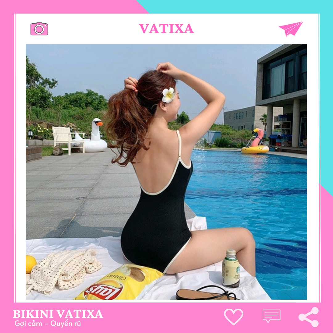 Set bikini 1 mảnh bodysuit đen viền trắng khoét lưng vatixa bkn73