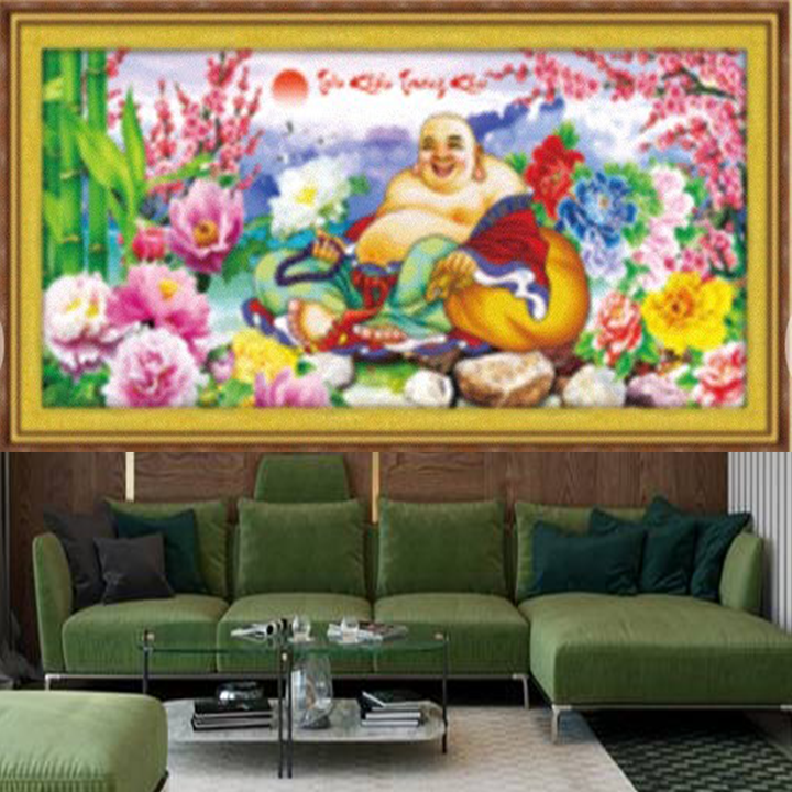 Tranh thêu chữ thập Phật Di Lặc tiếu khẩu thường khai 89016 - kích thước 131 * 64