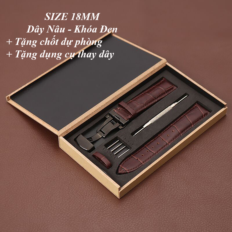 Dây đồng hồ da bò cao cấp tặng Hộp Gỗ SIZE 18mm ( Da Nâu) kèm khóa bướm thép không gỉ 316L (ĐEN)