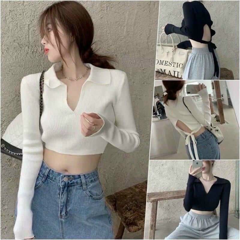 Áo croptop cổ bẻ tay dài cột lưng sau
