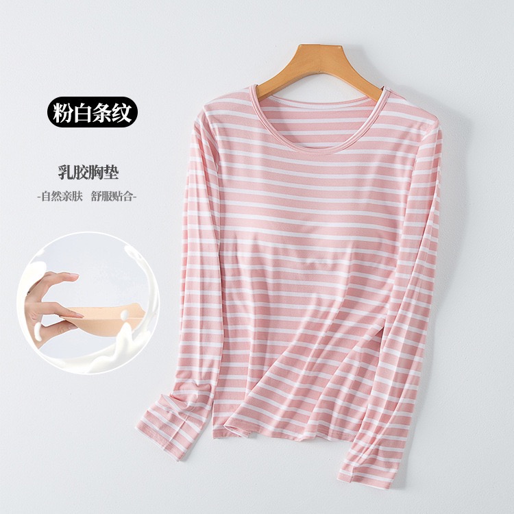 Áo cotton cổ tròn kẻ có lót ngực