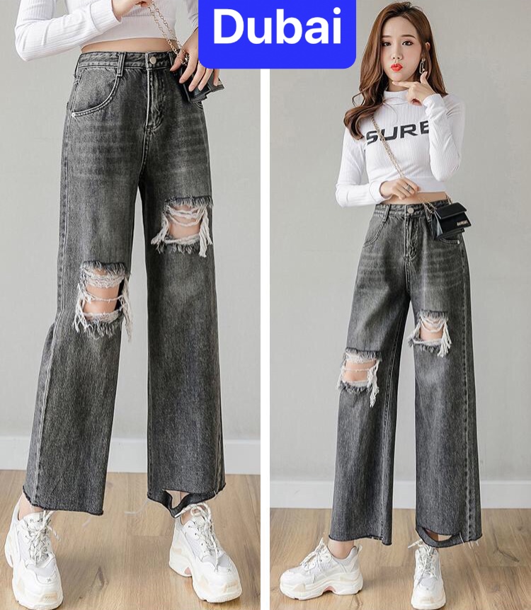 QUẦN BAGGY JEAN NỮ XÁM TRO CẠP RÁCH ỐNG RỘNG LOE LƯNG CAO NÂNG MÔNG HÀN QUỐC DB-102-  CAO CẤP - DUBAI FASHION