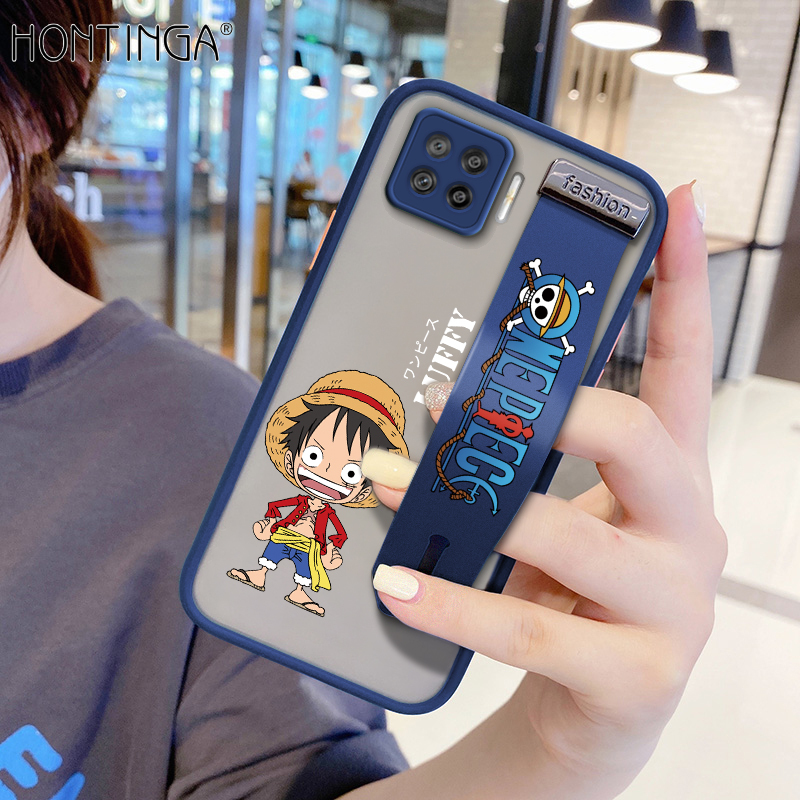 (With Wristband) Hontinga Casing Case For OPPO A73 2020 Case Shockproof Frosted Cartoon Anime Case Luffy Transparent Phone Casing Full Back Cover Lens Camera Protector Cases Hard Case For Boys Girls