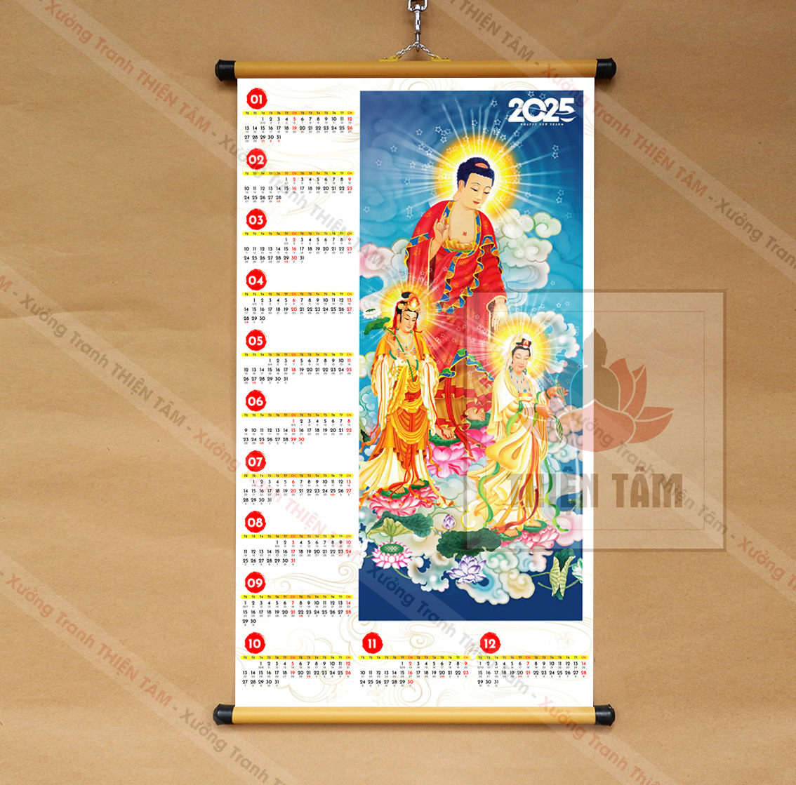 Lịch Phật Giáo 2025 kích thước 40x70cm bằng vải bóng cao cấp, dày dặn (có ngày âm lịch)