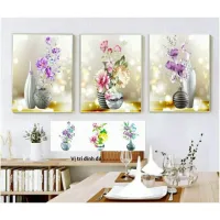 Tranh đính đá bộ bình hoa 3 bức . kích thước: 1m48 x 50cm