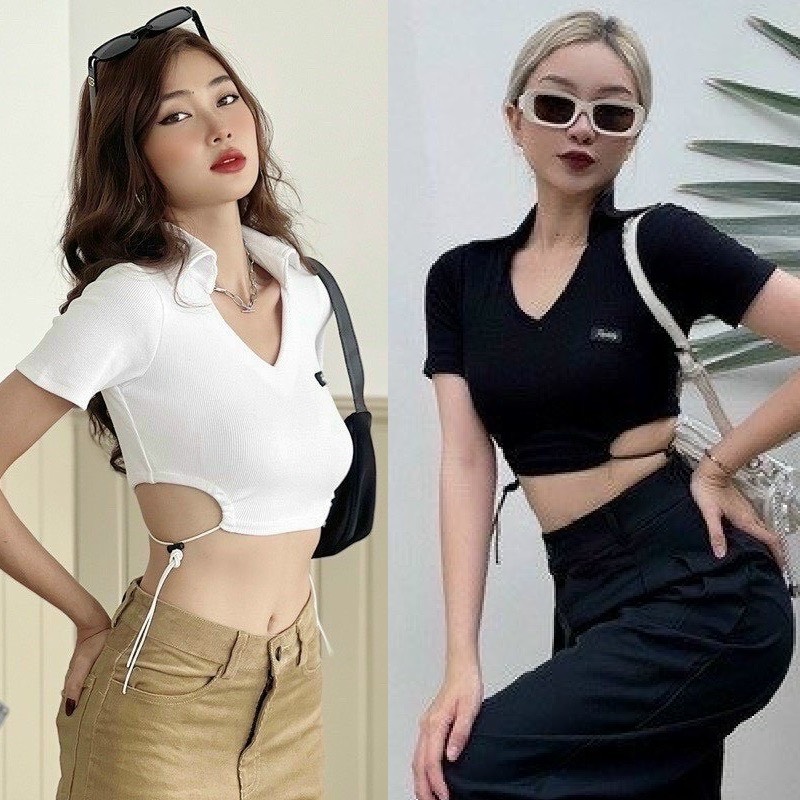 h90 áo croptop phối cổ v khoét eo cá tính