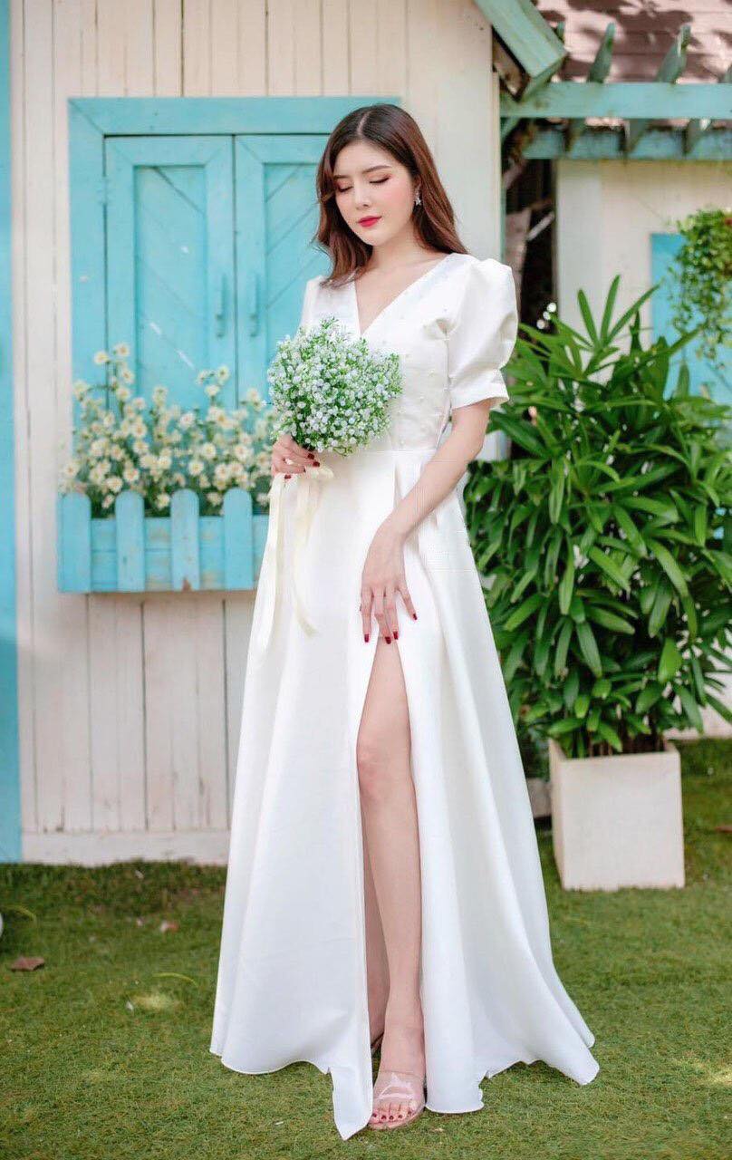 Đầm maxi cưới xẻ đùi kết hạt ngọc thân trên váy chất lụa taffeta dày đẹp tripble t dress - size s/m/l -ms111y