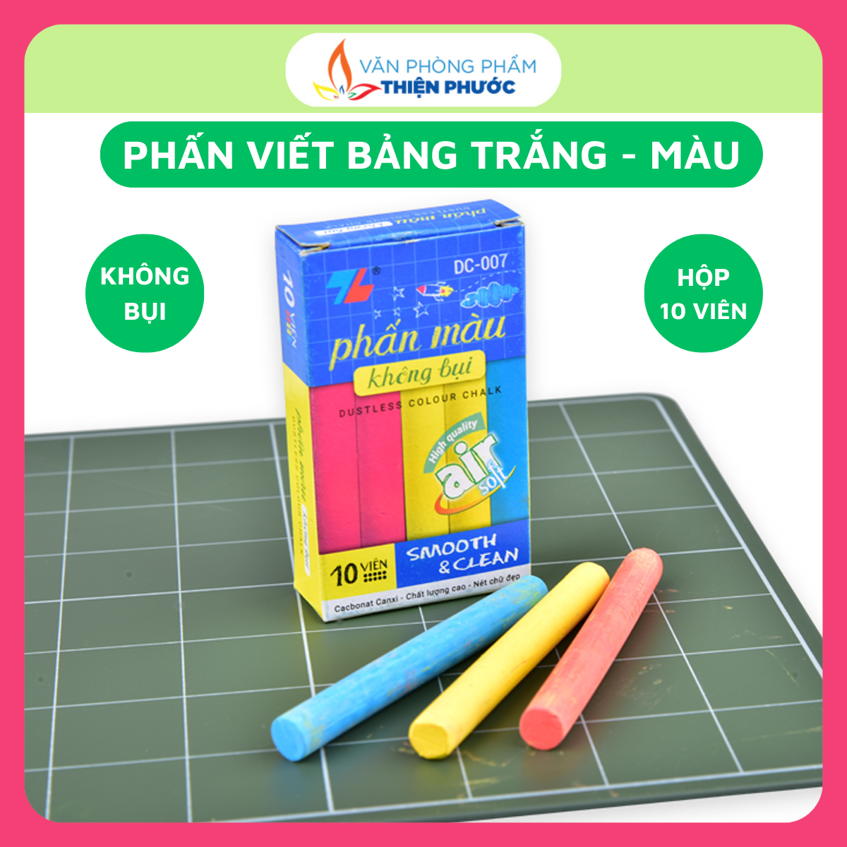 Phấn viết bảng không bụi Phấn trắng - phấn màu [10 viên] Thiên Long THIỆN PHƯỚC
