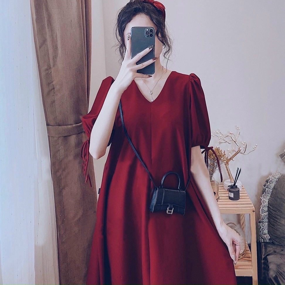 Đầm suông cổ V tay nơ 2 màu
