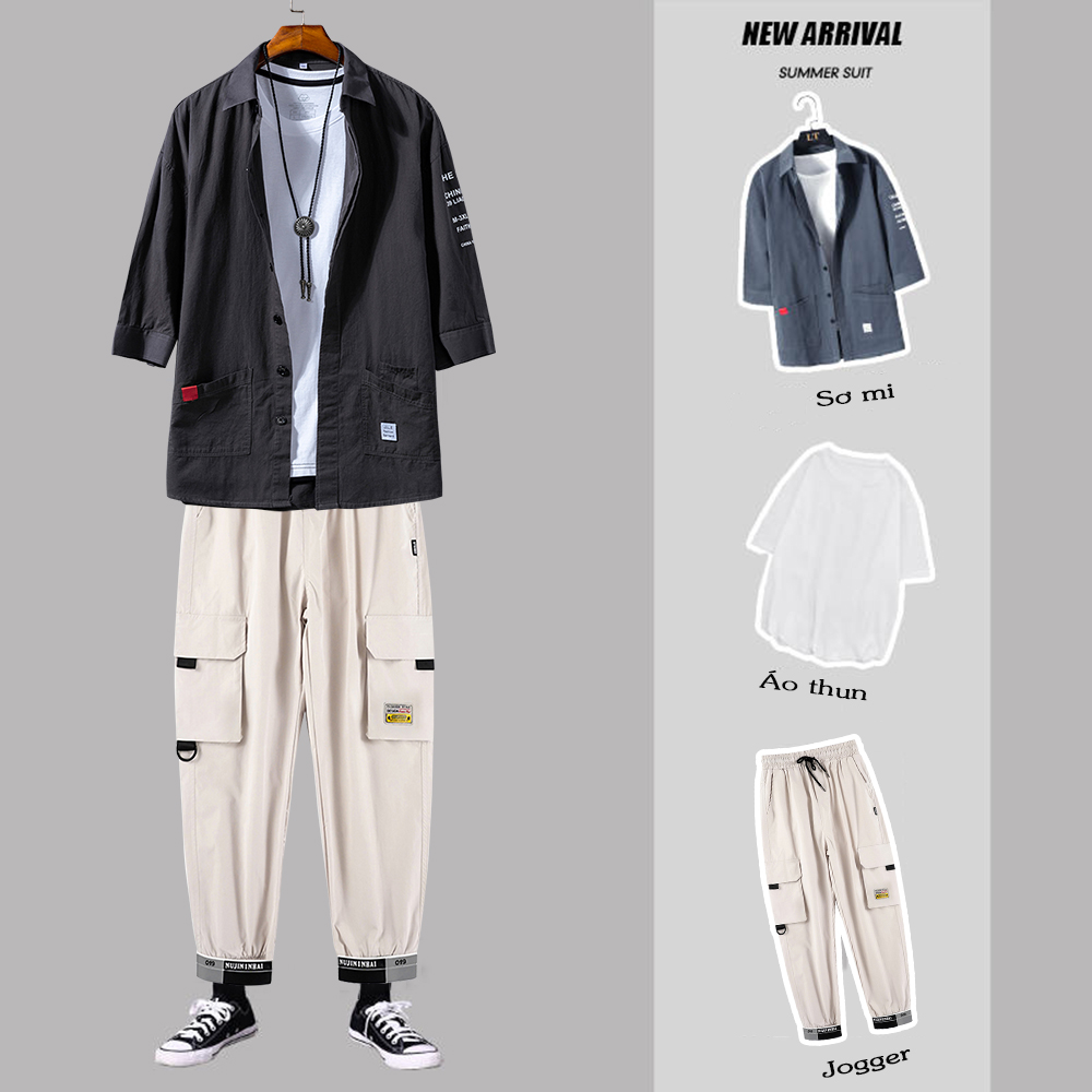 Set Đồ Nam 3 Món Áo Sơ Mi Cổ Đức Kết Hợp Với Quần Túi Hộp Bo Ống Đi Kèm Áo Phông Trơn Màu Năng Động Thời Trang 4MEN SET NAM 90000150