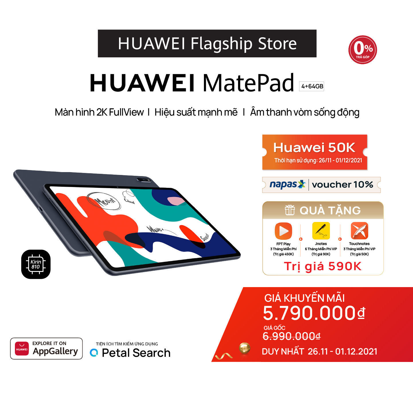TRẢ GÓP 0% | Máy tính bảng HUAWEI MatePad 64GB/128GB | Màn hình 2K FullView | Hiệu suất mạnh mẽ | Âm thanh vòm sống động