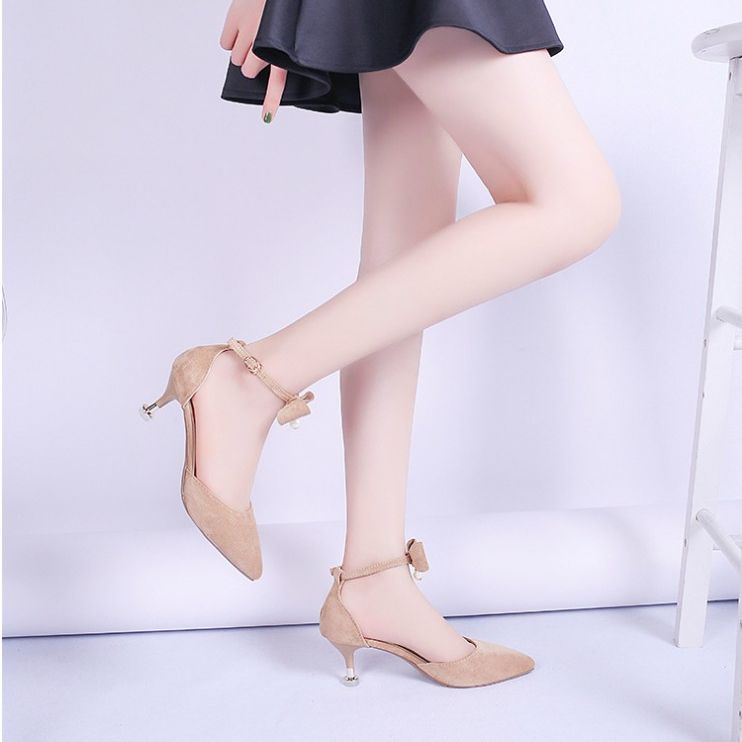 Giày cao gót nhọn 7 phân nhọn bít mũi nơ 1 hạt cổ chân