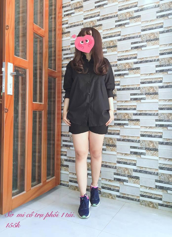 Sơ mi tay dài cổ trụ đen
