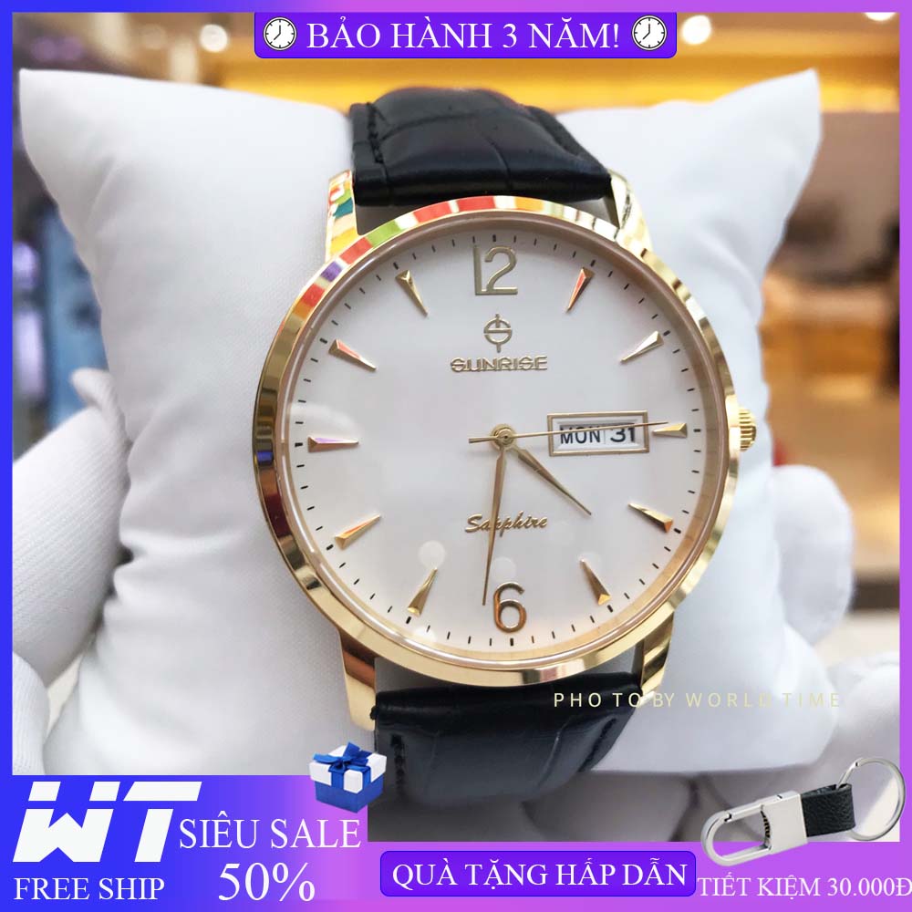 Đồng hồ nam, đồng hồ dây da Sunrise DM778SWA B full box, kính sapphire chống xước, chống nước, bảo hành 3 năm