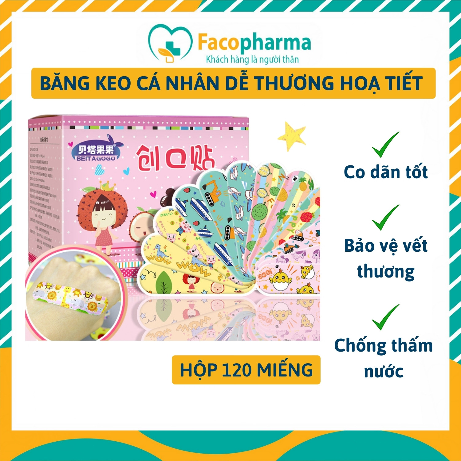 Băng keo cá nhân dễ thương hoạ tiết hoạt hình Băng cá nhân Ugo thoáng khí tiện dụng siêu dính chống thấm nước Hộp 120 miếng