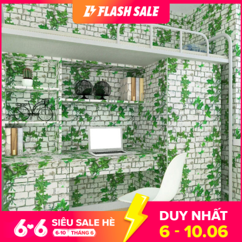 Cuộn giấy dán tường phòng ngủ 20m x 0.45 m gạch trắng lá xanh keo sẵn bóc dán a033a