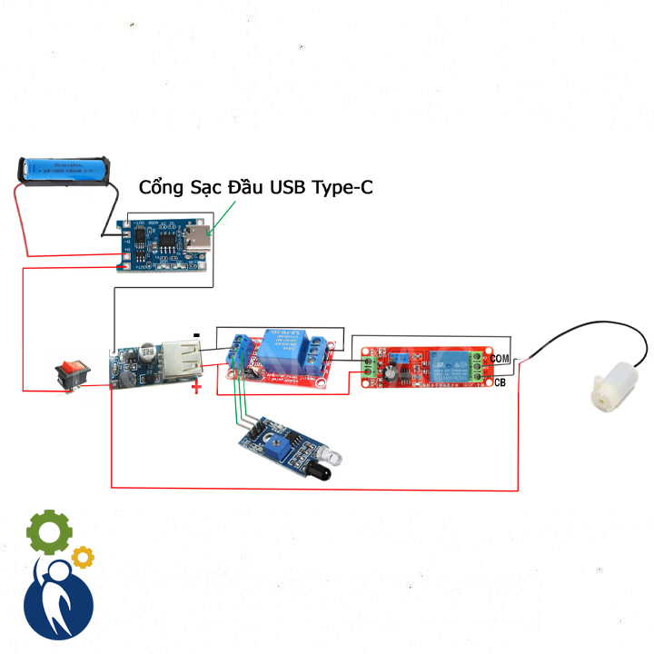 Bộ linh kiện chế máy rửa tay máy rót ruou dùng pin sạc 18650 có cổng sạc đầu usb type-c