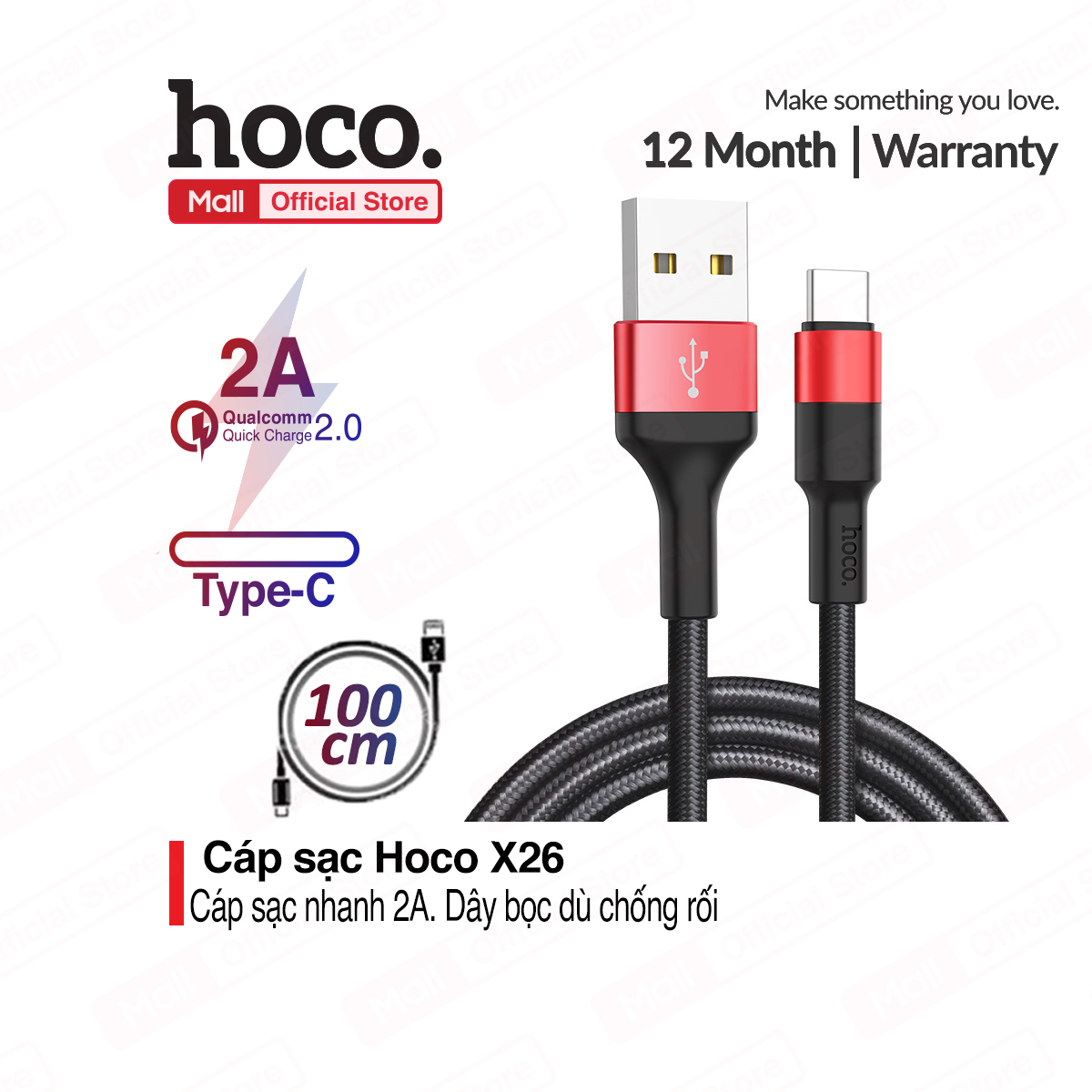 Cáp sạc usb type - c hoco x26 sạc nhanh 2.0a dài 1m cho smart phone - table
