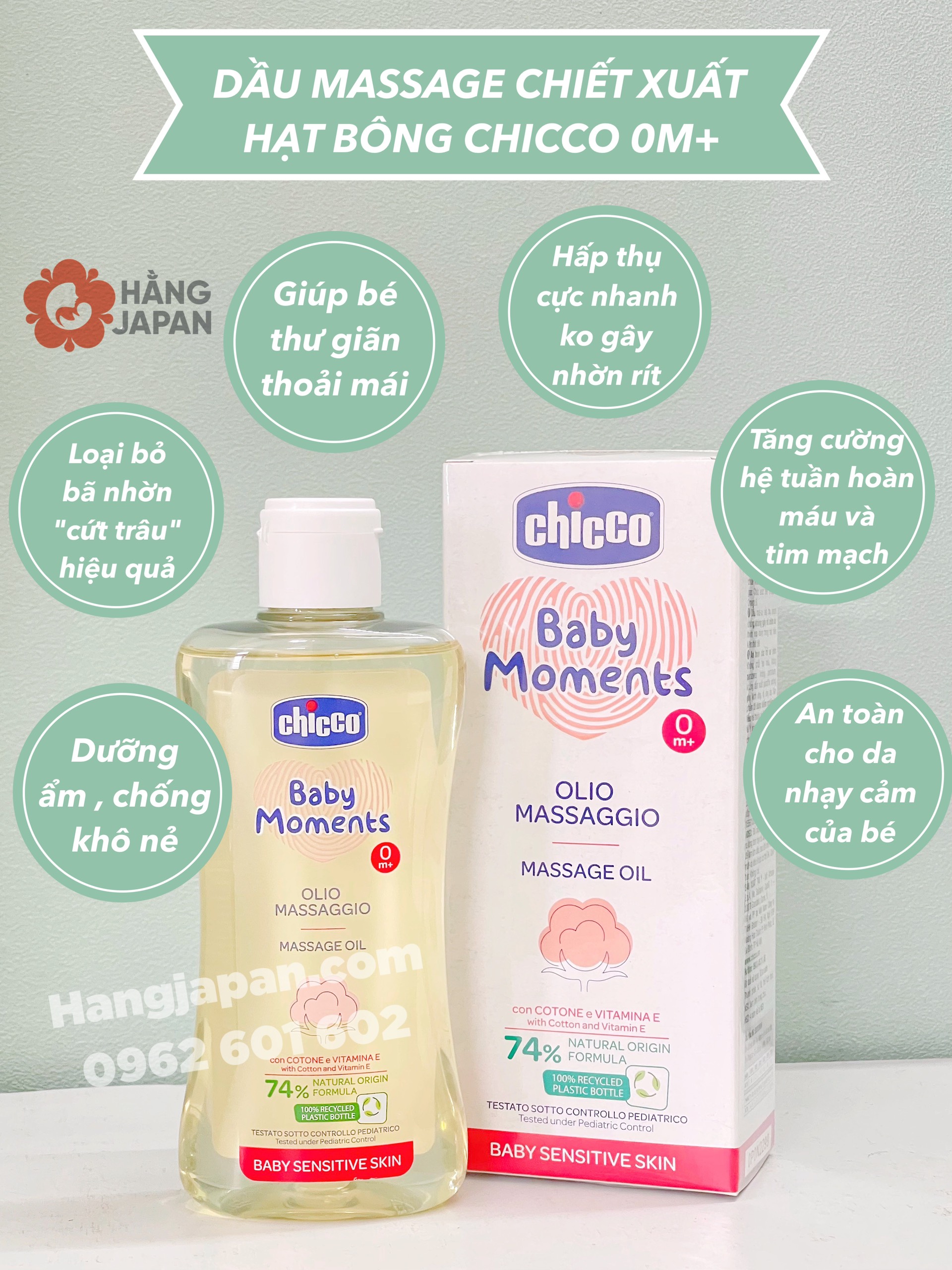 Dầu massage Chicco hạt bông cho bé 0M+ chai 200ml - Hàng Ý