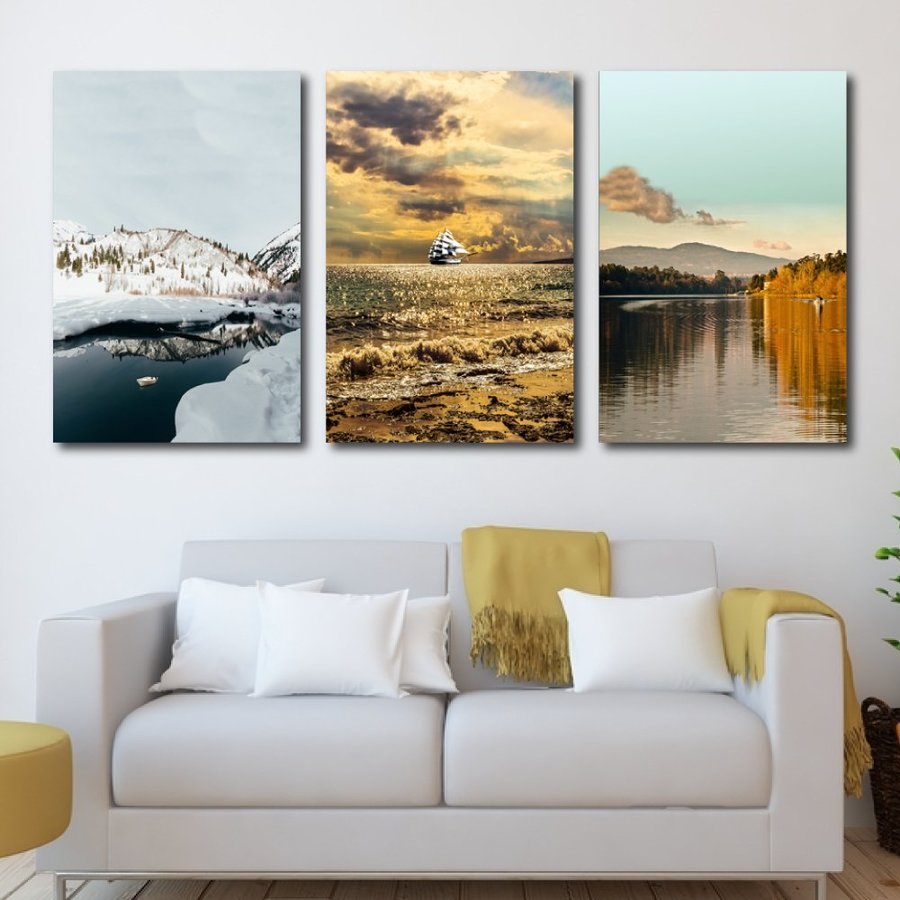 (Tặng đinh treo) Bộ 3 bức tranh canvas phong cảnh tranh canvas treo tường có khung gỗ cỡ lớn Tranh vải canvas treo tường vùng biển trang trí decor phòng khách sẵn móc treo kèm khung