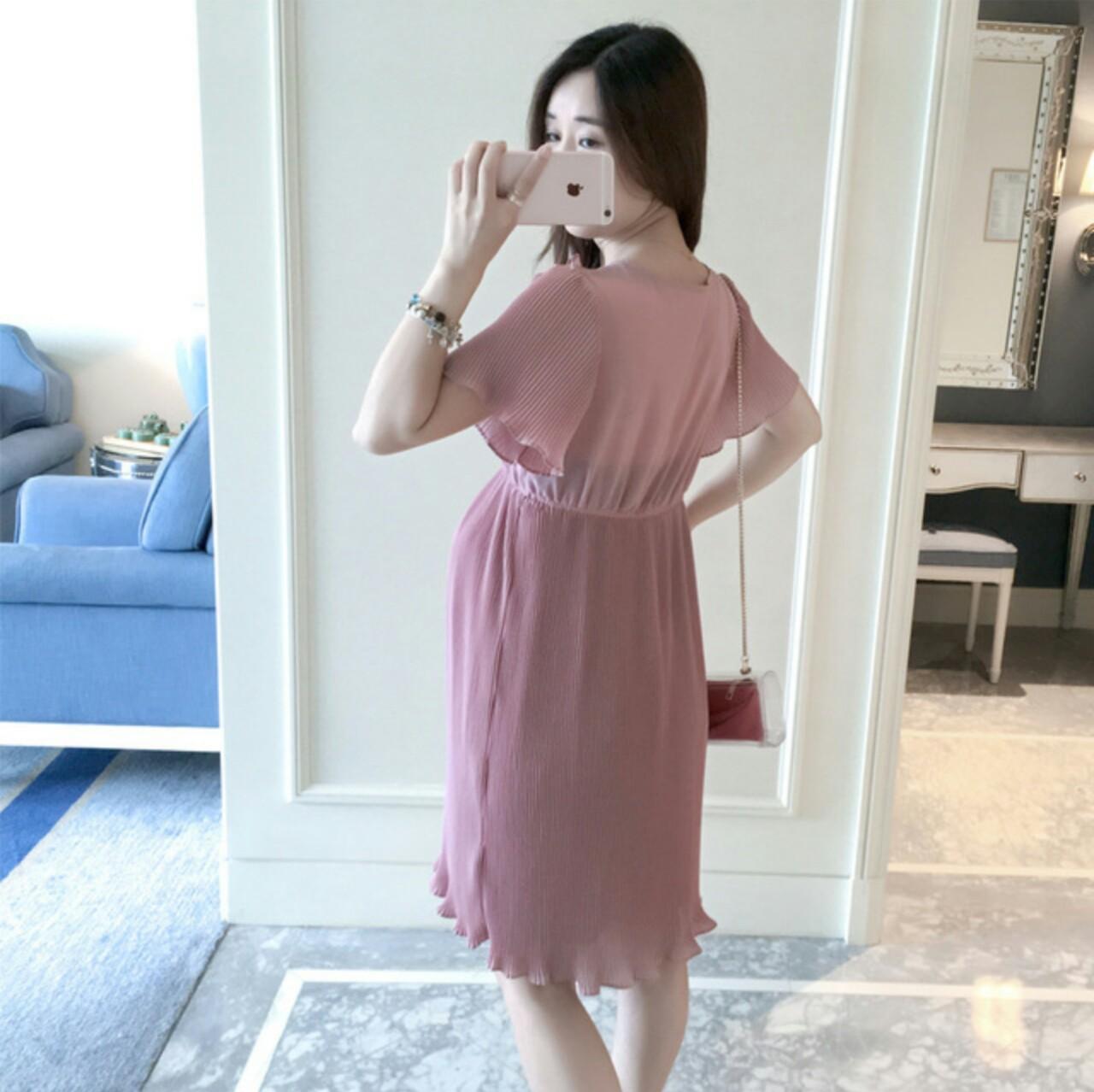 Đầm Bầu Voan Xếp Ly Cổ Bèo