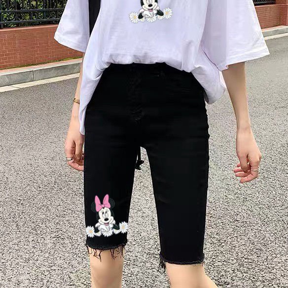 [60kg~90kg] Quần jean ngố / lửng BIGSIZE lưng cao, co dãn mạnh màu đen tuyền in hình mèo chuột hoa cúc - MoliJeans