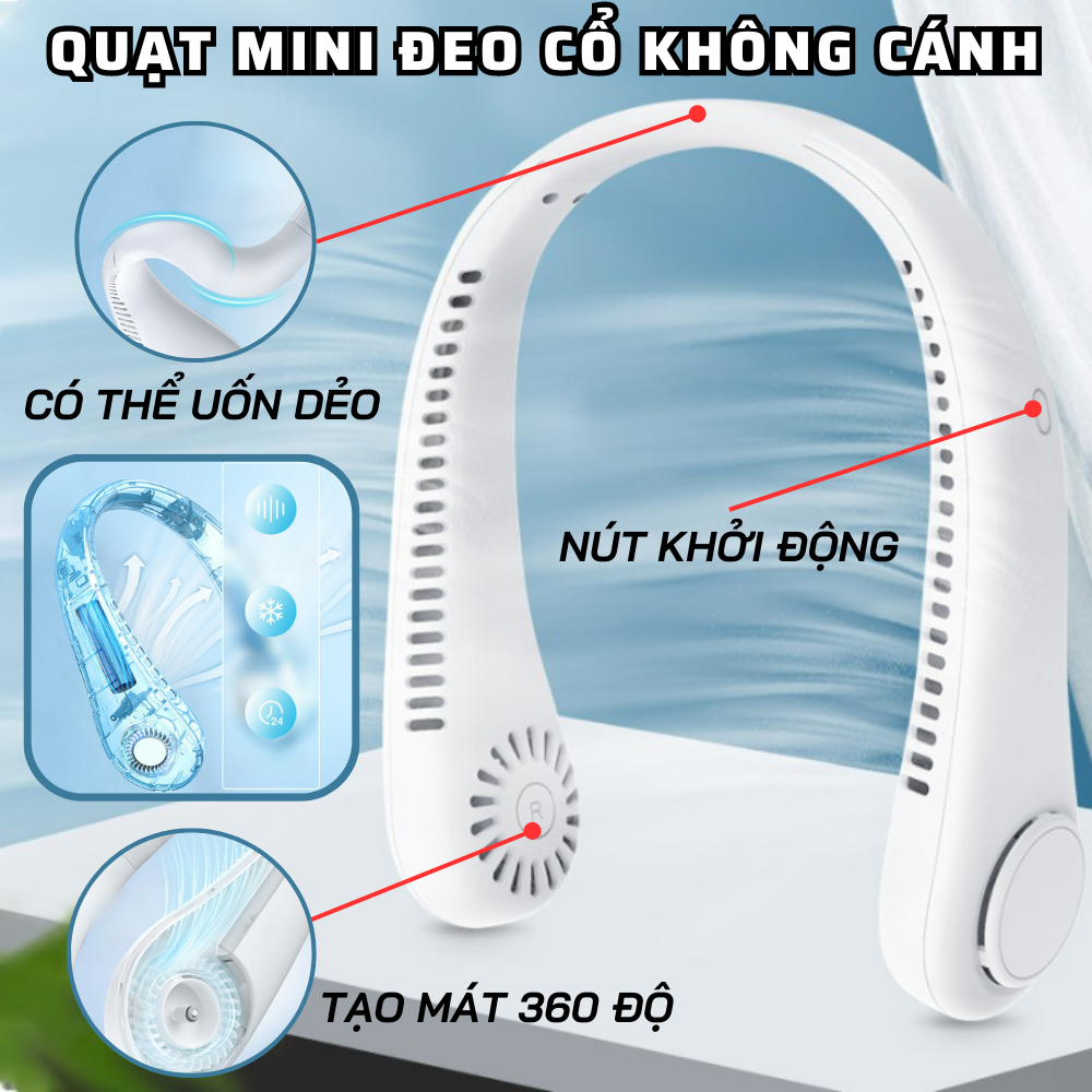 Quạt điện mini quạt đeo cổ siêu mát quạt mini sạc điện pin trâu 3 mức gió nhựa abs dây sạc micro usb