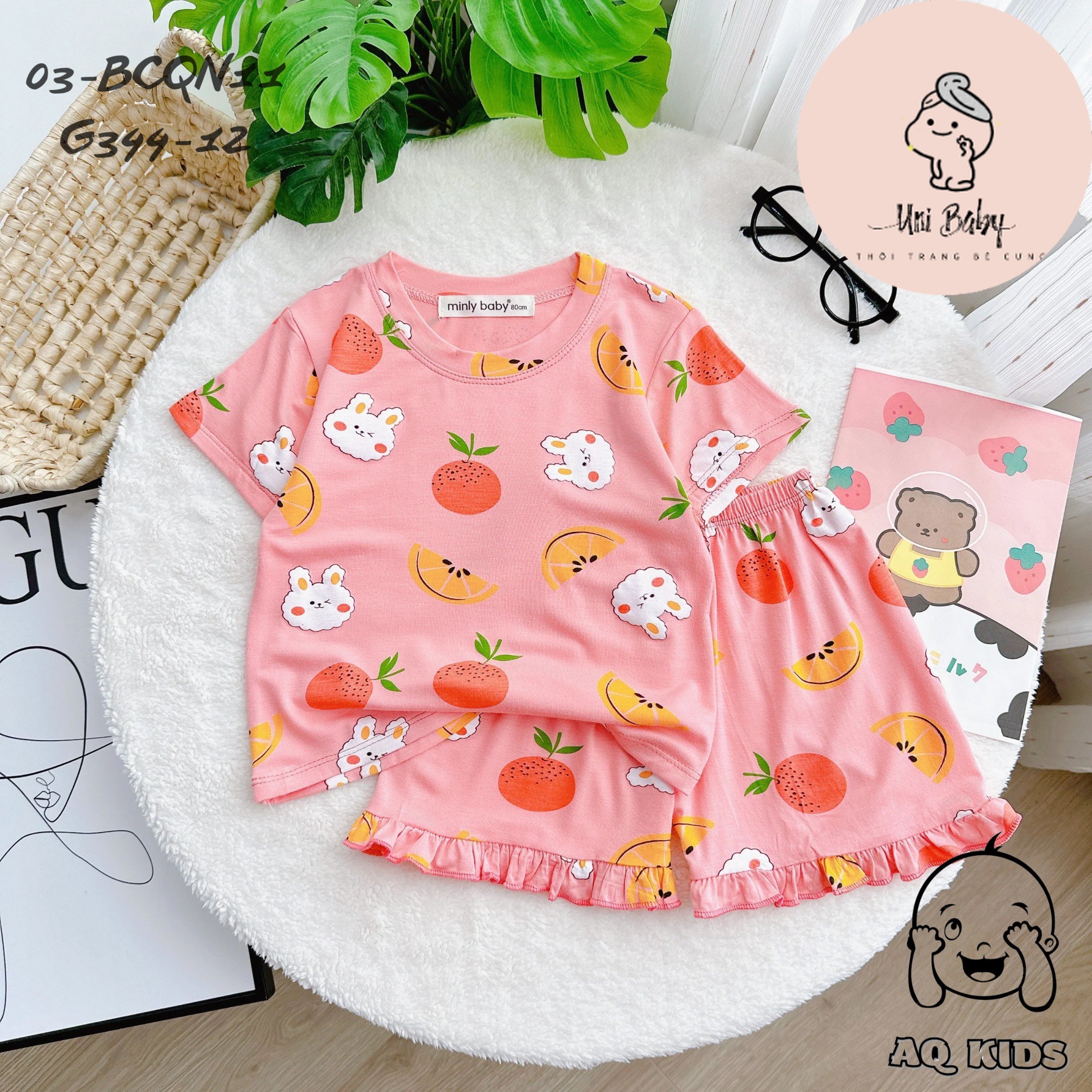 [BÉ 7-30kg] Bộ Thun Lạnh Minly Baby Cộc Tay Bé Gái Bộ Quần Áo Cộc Tay Bé Gái Phối Bèo Tay Điệu Đà Unibaby - G344