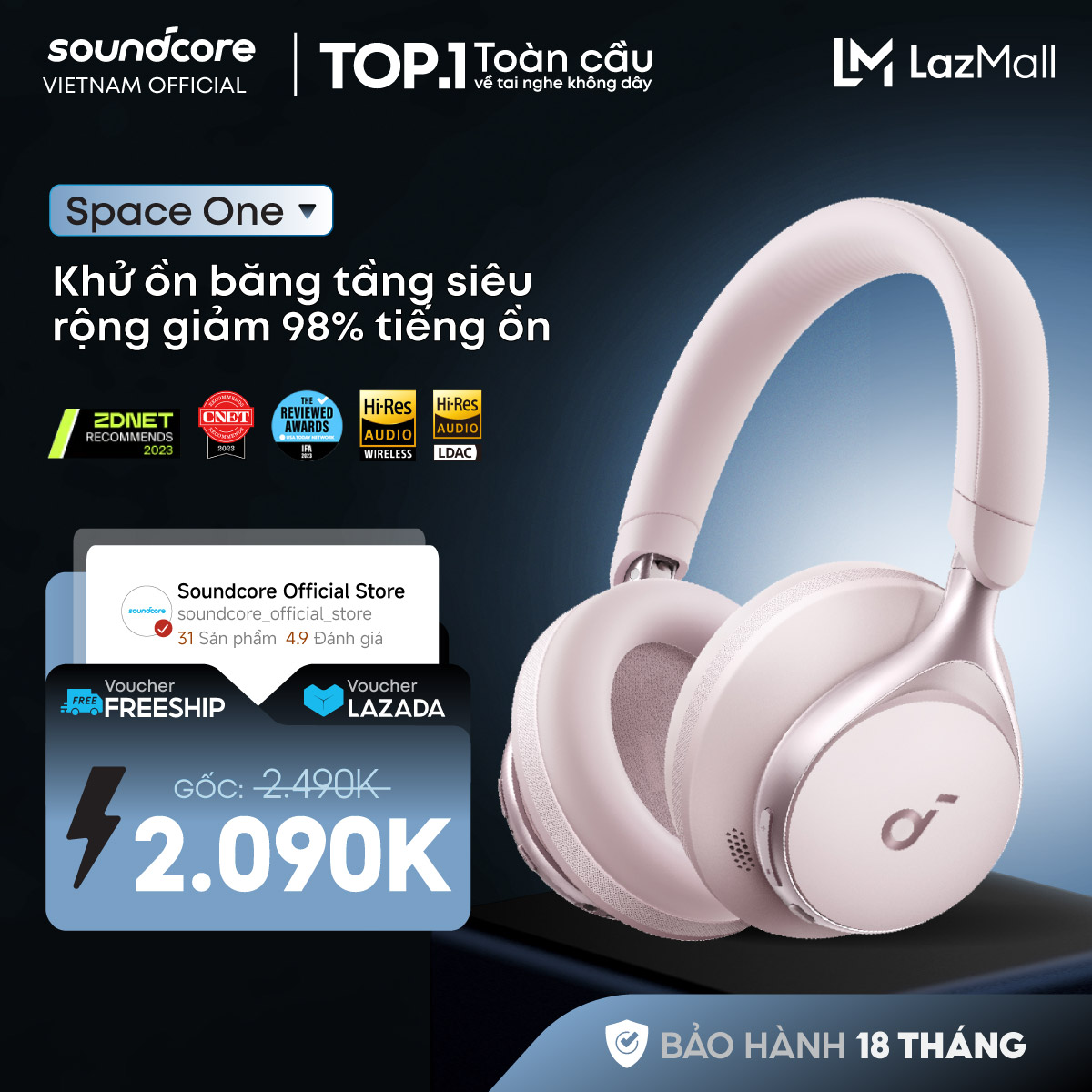 Tai nghe không dây chụp tai soundcore Space One | Âm thanh Hi-res | Giảm ồn 98% | 55 giờ phát nhạc