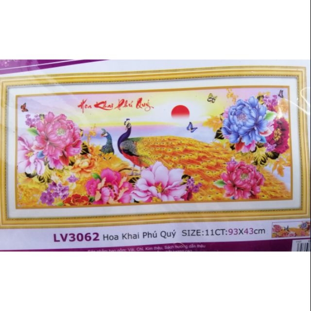 Tranh thêu chữ thập Hoa Khai Phú Quý (kích thước nhỏ 93x43cm).