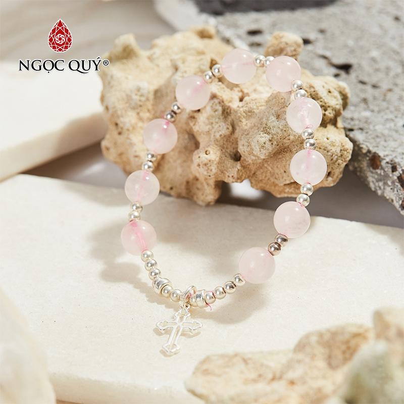Vòng tay mân côi đá thạch anh hồng 10mm mix charm thánh giá - ngọc quý gemstones