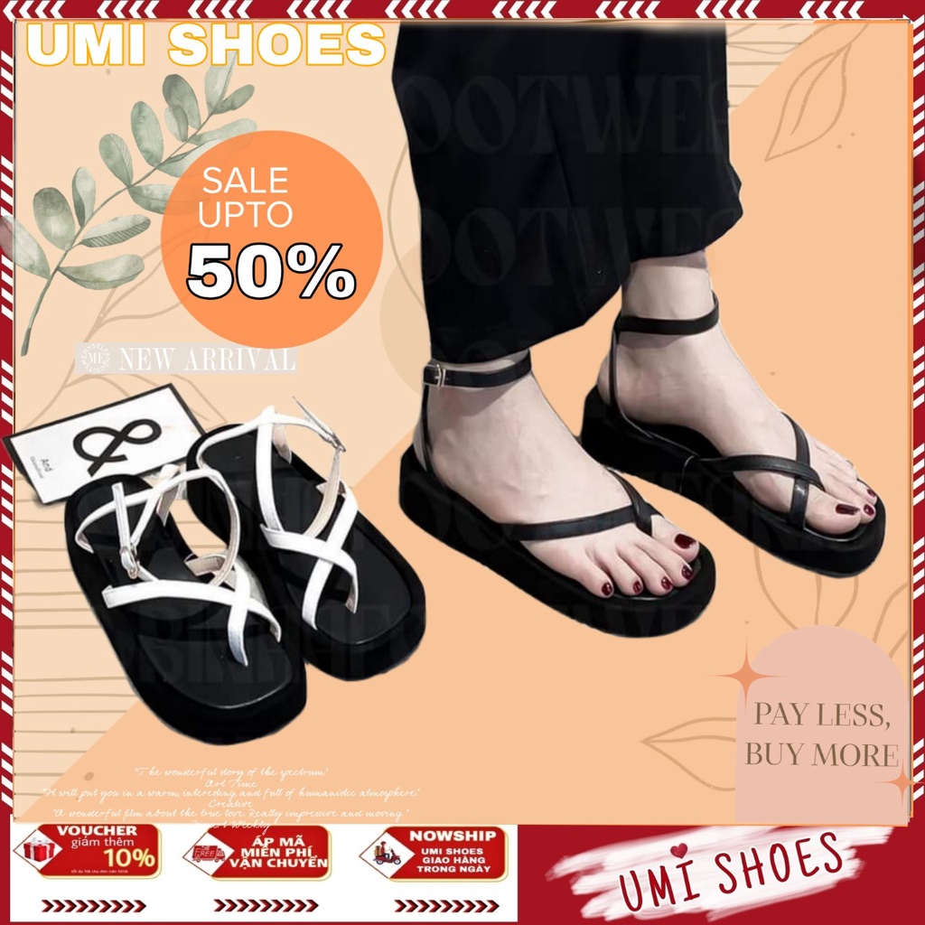 HOTNOWSHIP GIày Sandal Nữ Xỏ Ngón Kẹp Quai Mảnh Chéo Mũi tròn Đế Bằng Cao