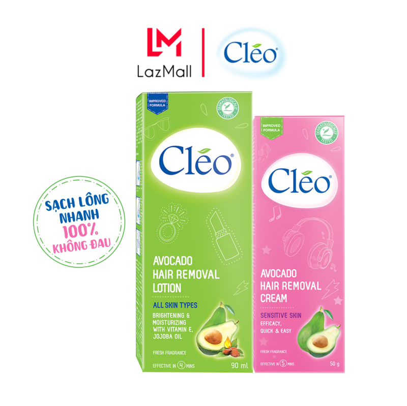 Combo kem tẩy lông toàn thân chiết xuất bơ cho da nhạy cảm Cleo, an toàn không đau và đạt hiệu quả nhanh chóng - dạng sữa lotion 90ml và dạng kem 50g
