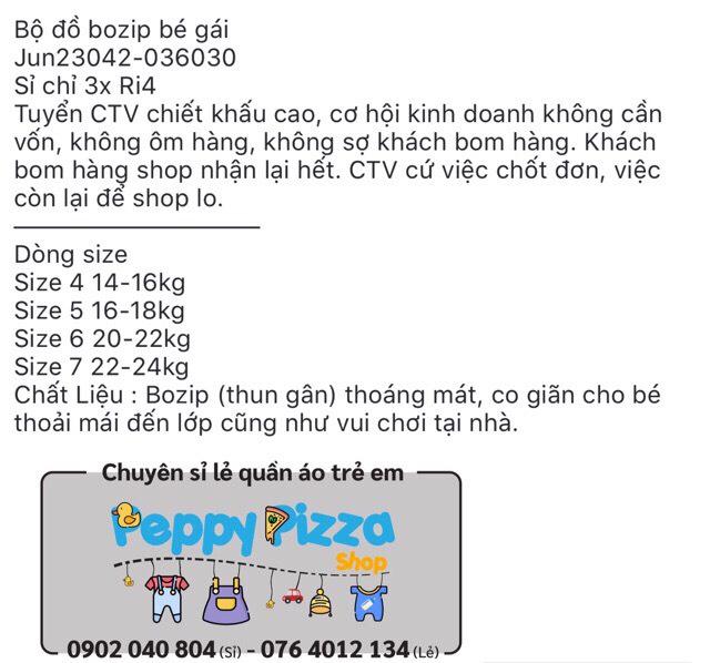 [HCM]Bộ đồ bozip bé gái (kèm bảng size hình cuối)