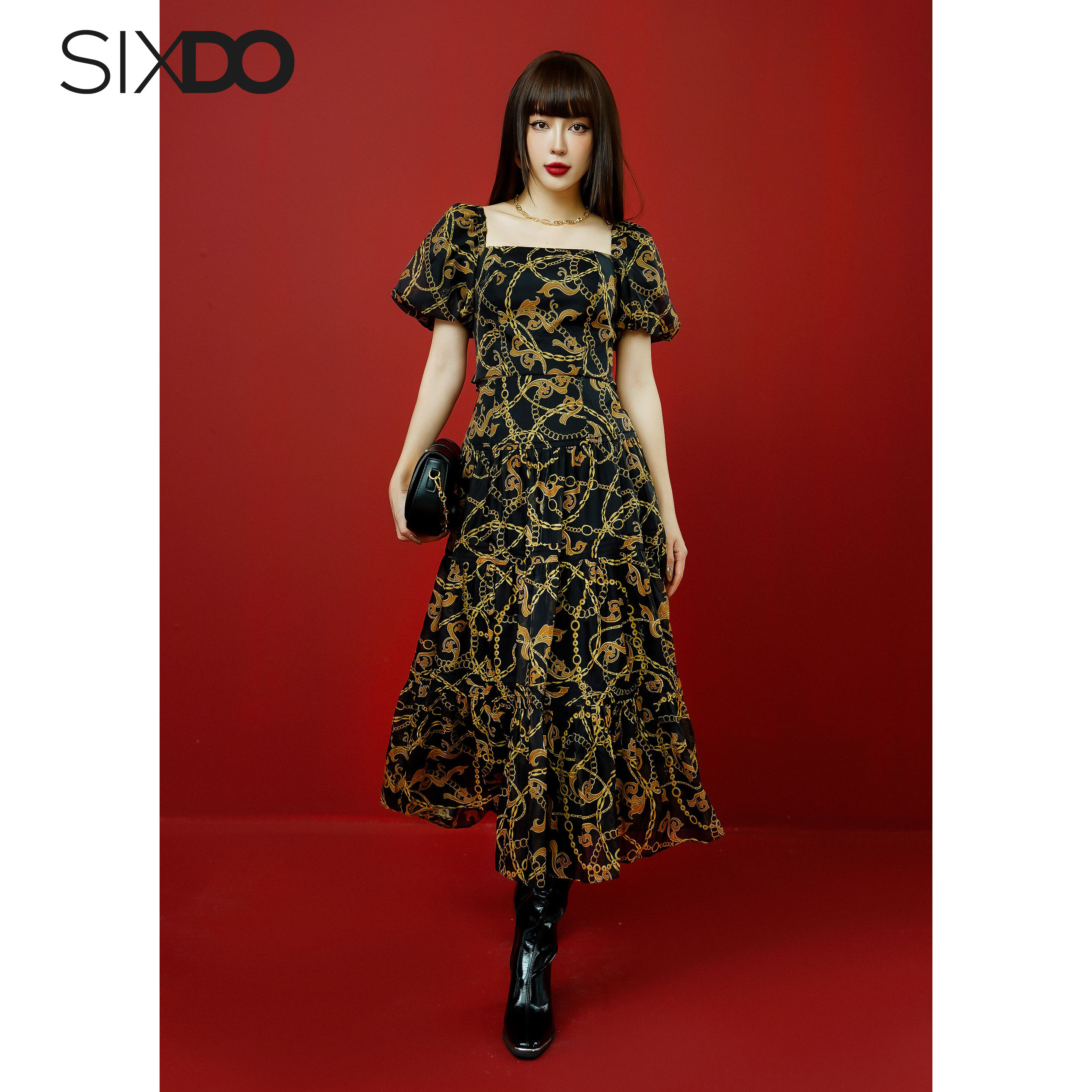 Áo nữ tơ croptop họa tiết baroque SIXDO (Black Baroque Print Cropped Top)