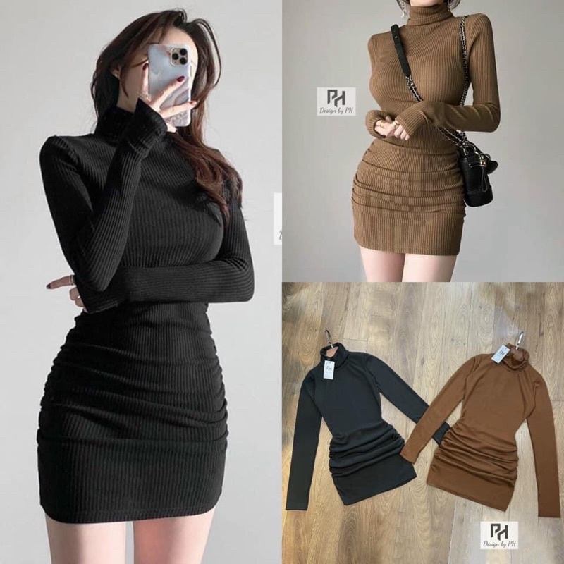 Váy body len cổ lọ rúm sườn
