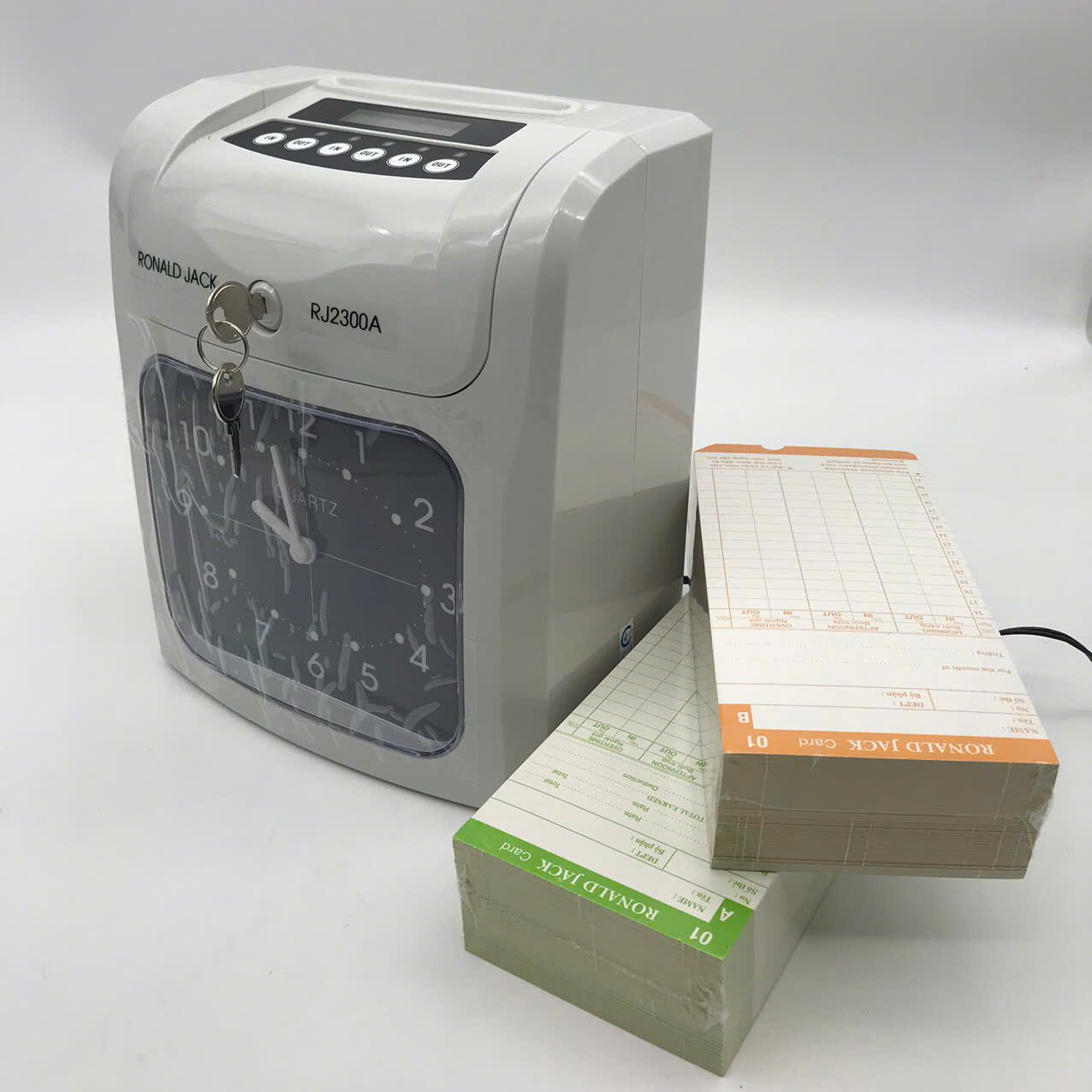 RJ-2300A/N Máy châm công thẻ giấy, đồng hồ kim, màu trắng xám, in 6 cột, tặng 200 thẻ, tích hợp loa, phù hợp 100-350 nhân viên